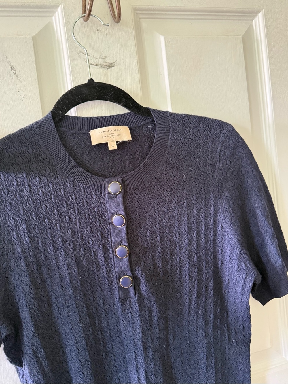 Sezane Navy Textured Short Sleeve Top with Button Placket - Picture 3 of 6